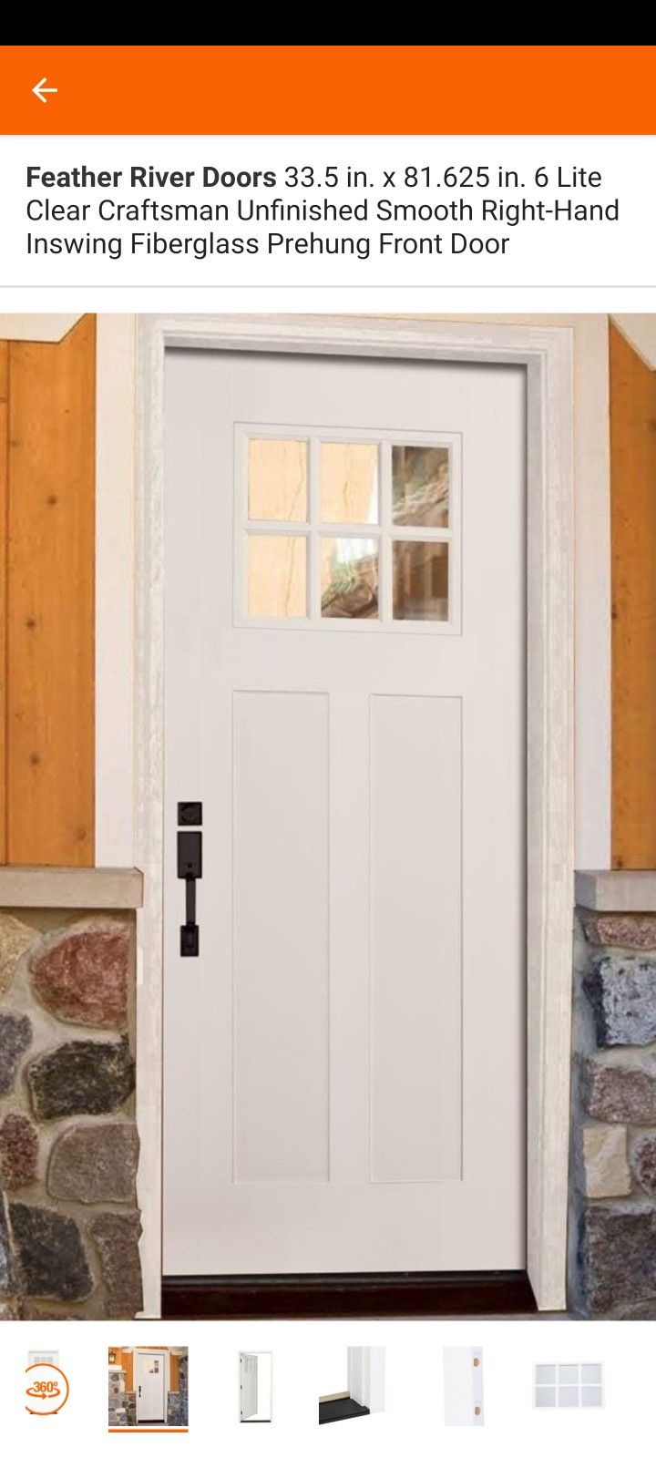 Feather River Doors 33.5 in. x 81.625 in. 6 Lite Clear Craftsman Unfinished Smooth Right-Hand Inswing Fiberglass Prehung Front Door