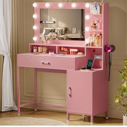 Vanity Desk with Mirror and Lights, Makeup Vanity with Storage Drawer, Power Outlet and Large Cabinet for Bedroom - Pink