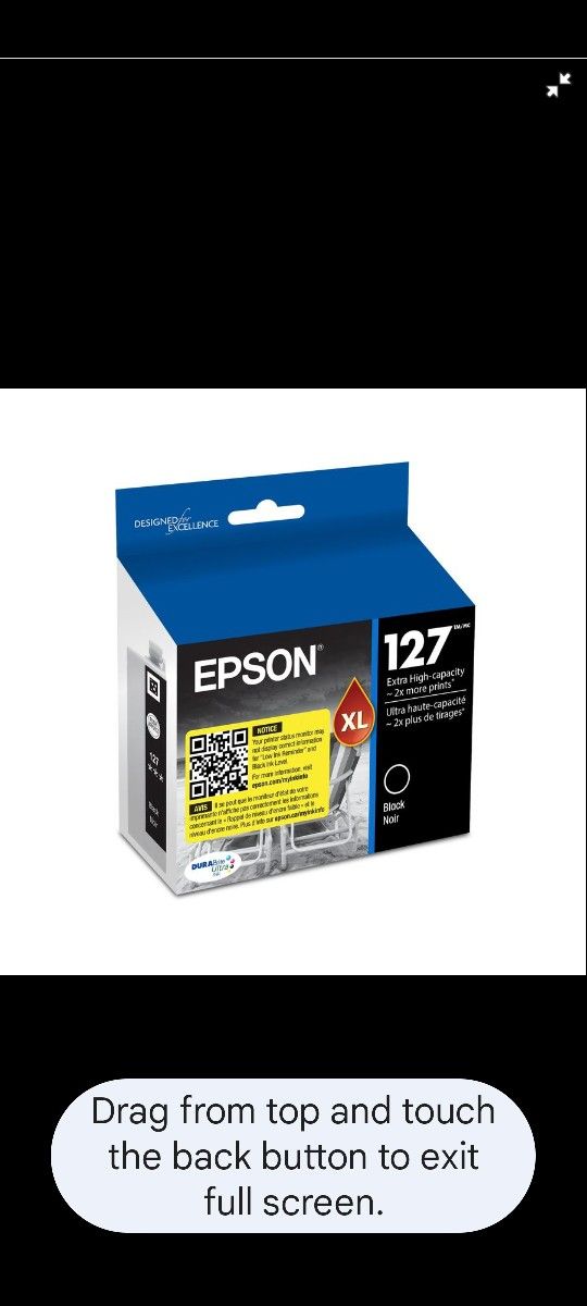 JX0728: EPSON 127 DURABrite Ultra Ink Black Cartridge For NX530 NX625 WF3520 WF3530 WF3540 WF545 WF60 WF630 WF633 WF635 WF645 WF7010 WF7510 WF7520 WF8