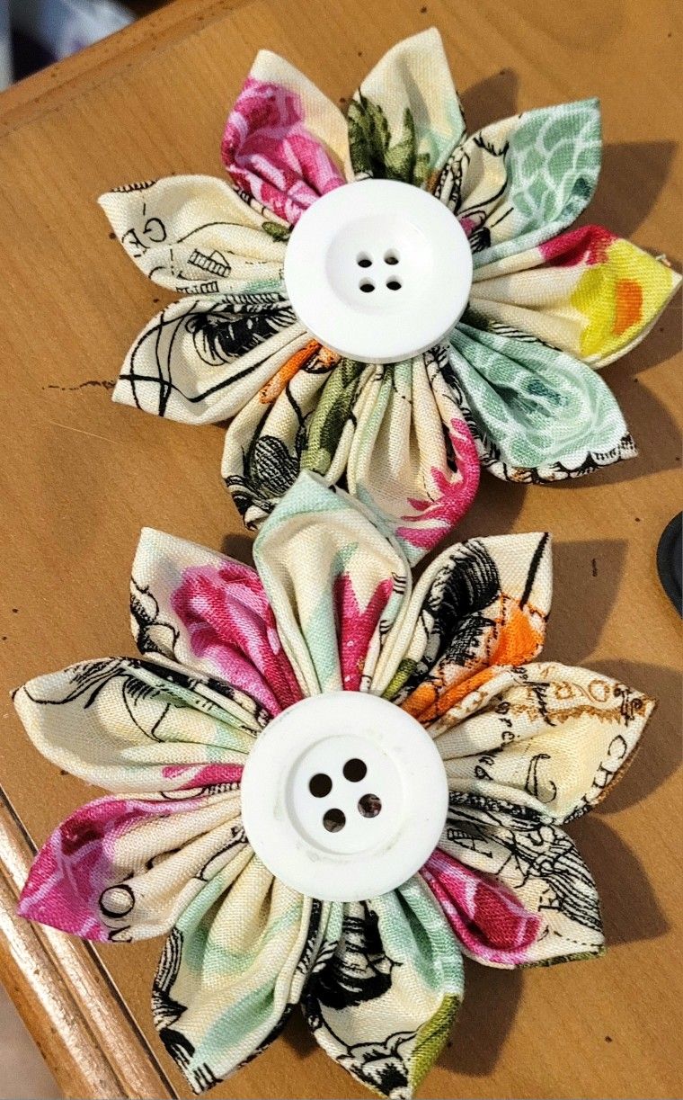 2 Handmade Fabric Flowers With Button Centers 
