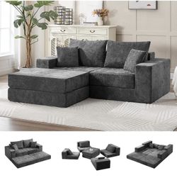 79" Boneless Cloud Modular Sectional Loveseat Sofa Couch, Dark Grey Foldable Floor Sofa with Ottoman, Chenille Lounge Convertible Sofa Bed for Living