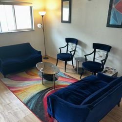 Velvet Royal Blue Couch Set With Black Glass Tables And Tv Stand