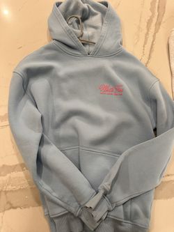 Baby Blue White Fox Hoodie Size Extra Small/Small With Pink Writing