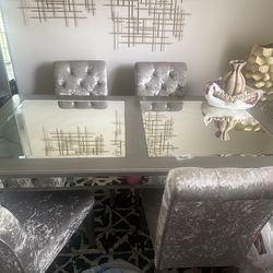 Dining table chairs, cabinet