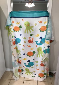 Shower curtain, hangers, and matching rug