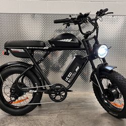 52V/2000/3000 Watt Dual Motor AWD Electric Scrambler Moped Style E-Bike, 38mph, Hydraulic Brakes, Full Suspension