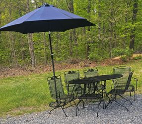 9 pc Vintage Russell Woodard Briarwood outdoor wrought iron patio set - oval table + 6 rocker chairs