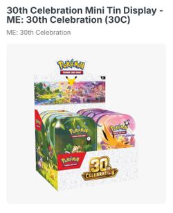 Pokémon TCG 30th Celebration Mini Tin Display Box 10pk.