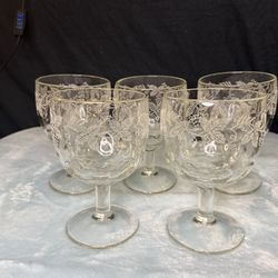 Set of 5 Vintage Bartlett Collins #806 Grape Leaf Etched Glass Goblet Gold Rim