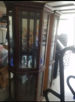 Corner wood China cabinet with glass shelves