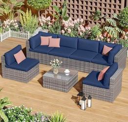 Assembled New 7 Piece Outdoor Patio Furniture Set PE Rattan Sectional Sofa with Coffee Table