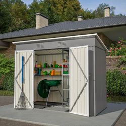 🔥 new inbox🔥8'x4' Outdoor Metal Storage Shed for Garden Tools Lockable Door with Floor Frame