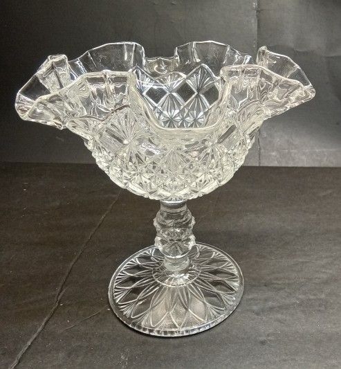 VTG Fenton Clear GLASS Diamond Cut Crimped Ruffled Pedestal Candy Dish Compote