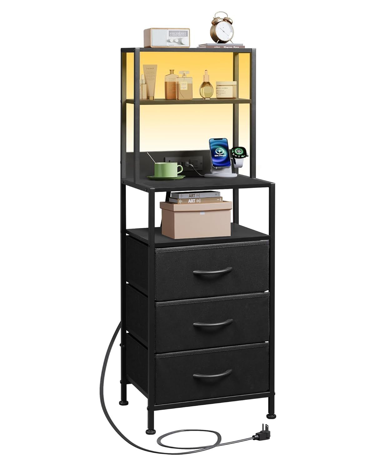 Tall Nightstand with Charging Station, LED Nightstand with 3 Fabric Drawers and Open Storage Shelves, Bedroom Bedside Table, Bed End Table for Living