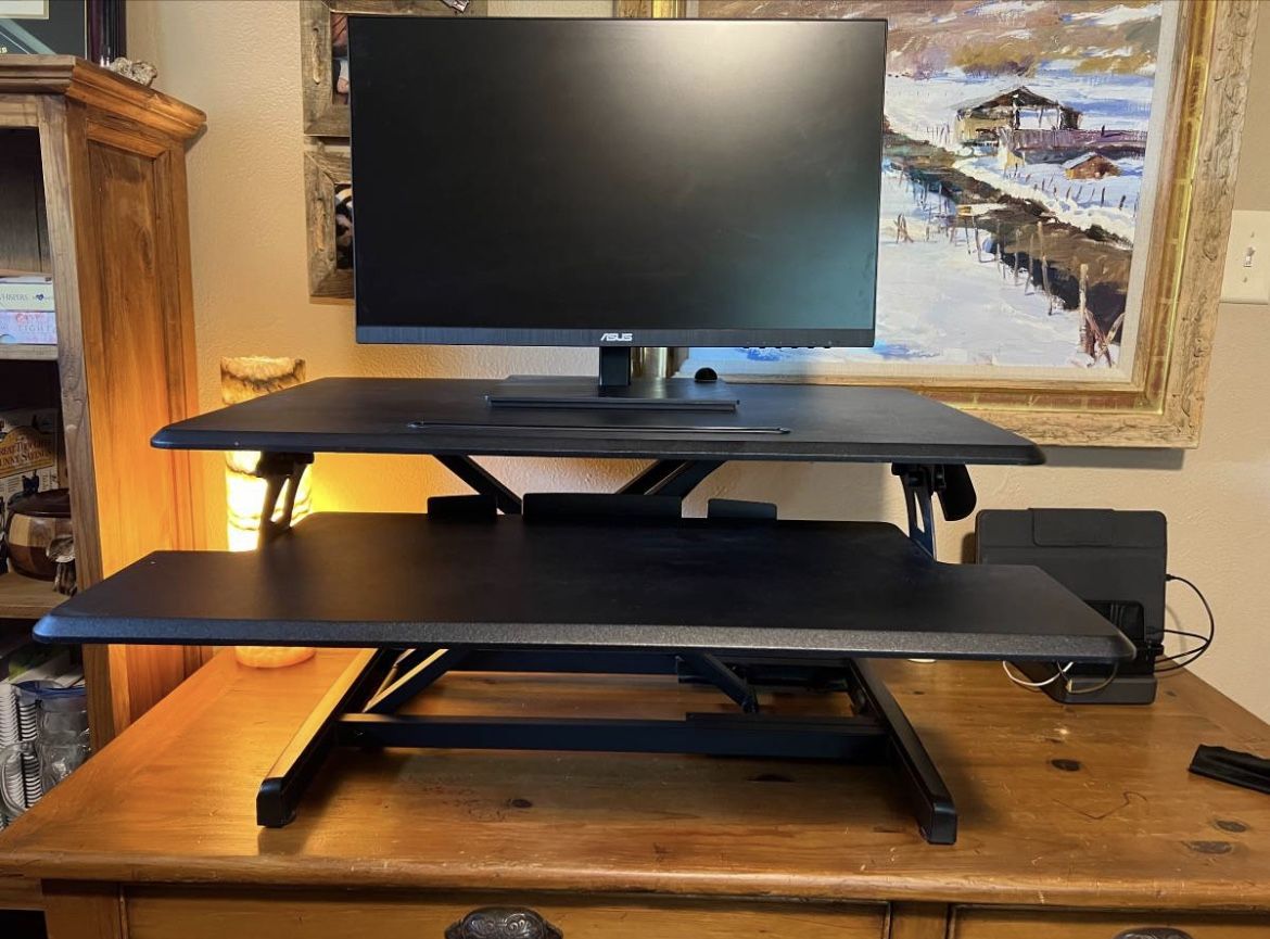Standing desk, monitor and mouse