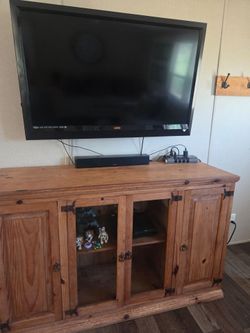 Rustic Pine Wood TV Stand with Cabinet