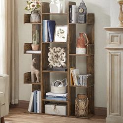 Bookshelf, Tree-Shaped Bookcase with 13 Storage Shelves, Rounded Corners, 9.8”D x 33.9”W x 55.1”H, Rustic Brown ULBC67BXV1