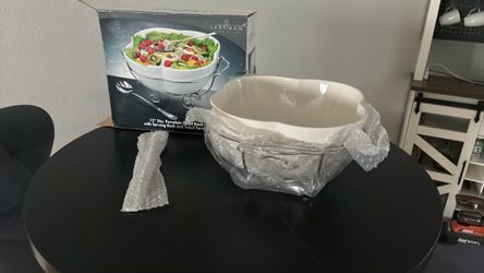 Godinger 12" Porcelain Salad Bowl Set w/ Stand & Servers – New/Open Box