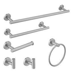 BWE 6-Piece Bath Hardware Set with Towel Ring Toilet Paper Holder Towel Hook Towel Bar Included Wall Mount in Brushed Nickel