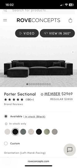 Rove Concepts Porter Sectional Couch in Black Plush Velvet