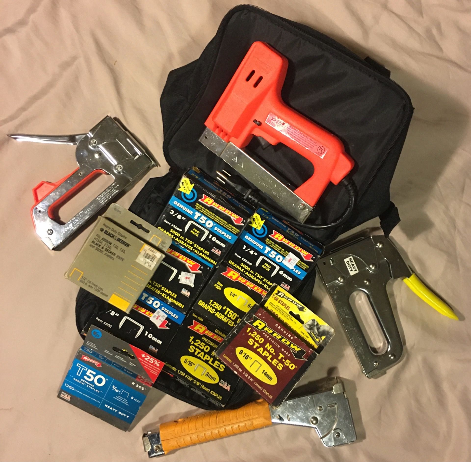 T50P HEAVY DUTY Hammer Tacker, ETF50BN Electric Stapler+Nail Gun, T50PBN HEAVY DUTY 3/8” Stapler+Nail Gun PLUS T2025 Dual Staple Gun/Wire Tacker+ BAG