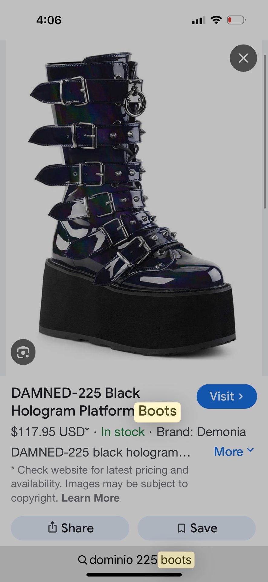 Demonia Damned 225 Woman Size 8 Hologram Boots