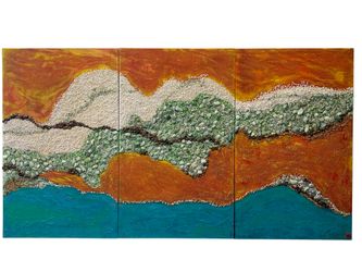 Quatre Éléments, Authentic Original Mixed Media on Wood Panel, 3 Pieces 47”H x 90”W