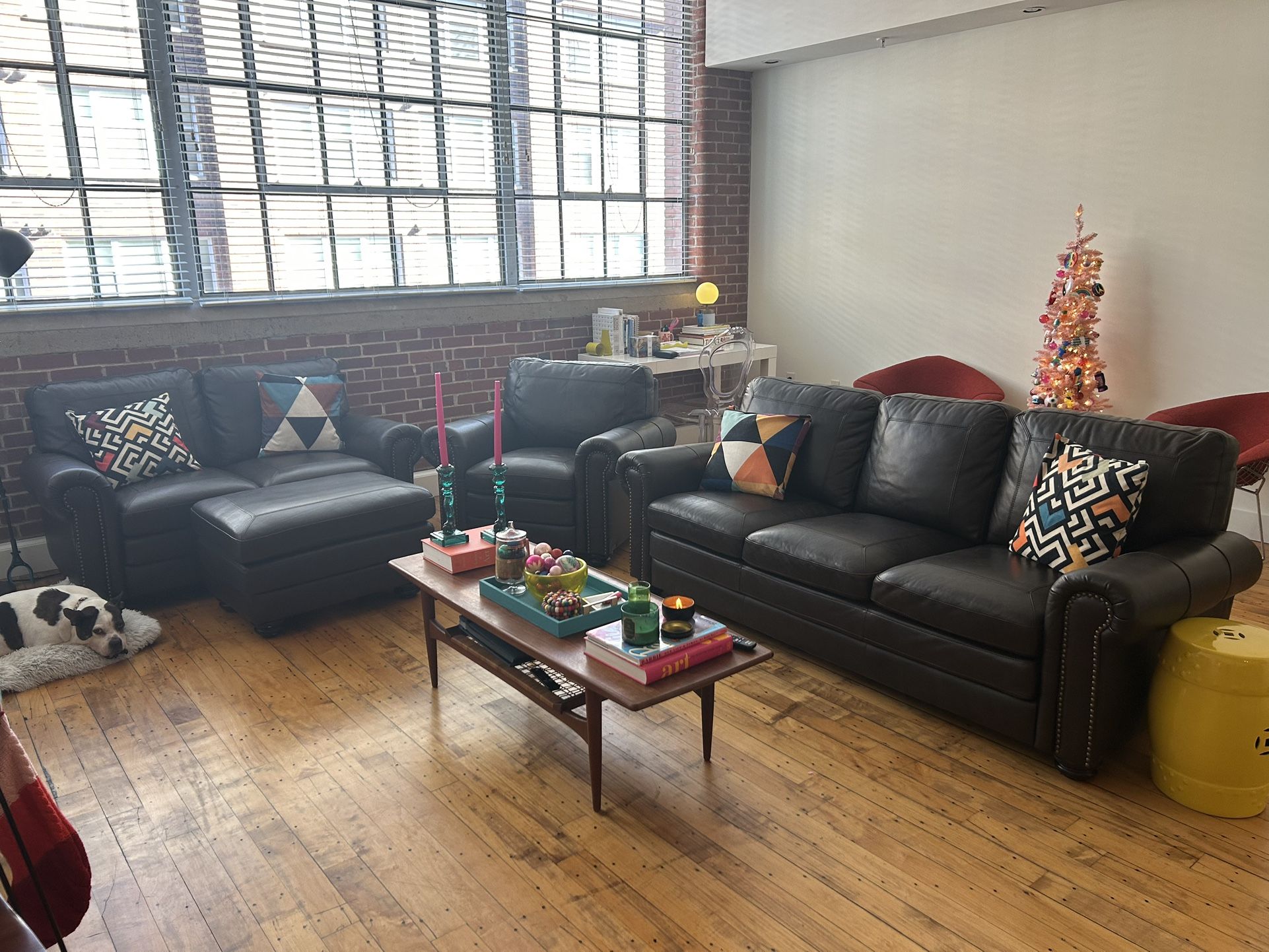 Dark Brown Leather Couch, Love Seat Chair And Ottoman Set