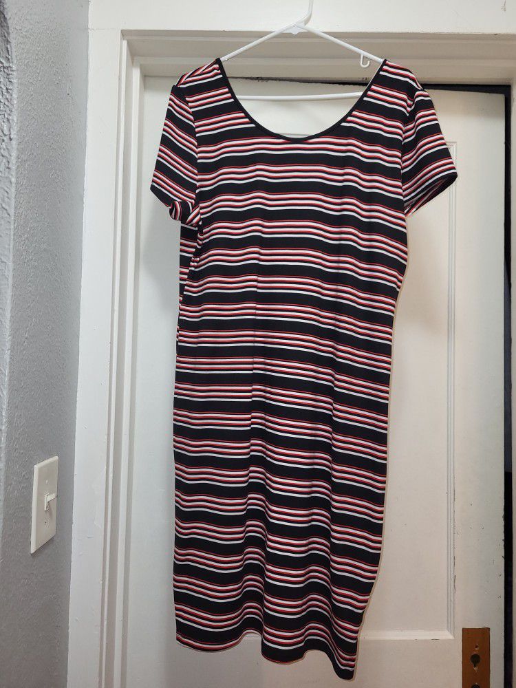 Red, Black and White Striped Dress - 2X