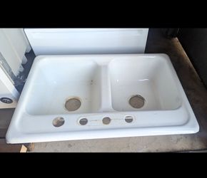 White Double Cast Iron Basin Kitchen Sink
