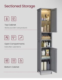 Tall Storage Cabinet with Lights, Slim Freestanding Cabinet with Adjustable Shelves, for Small Spaces, Bathroom, Living Room, Modern, 11.8 Inches Wide
