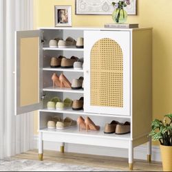 White Rattan Shoe Cabinet for Entryway, Wooden White Narrow Shoe Storage Cabinet, Multi-Layer Rattan Shoe Organizer for Home and Apartment