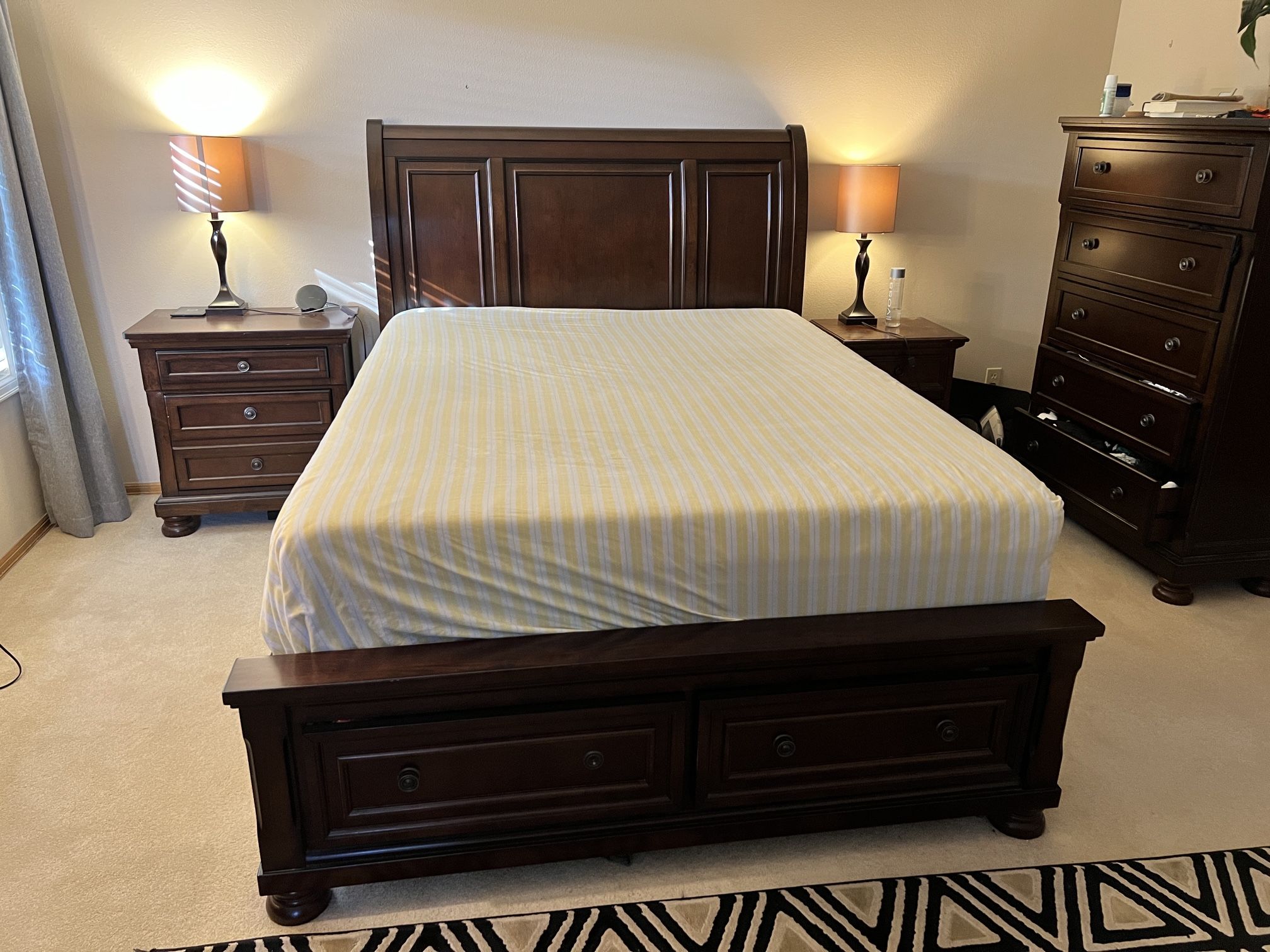Premium Master Bedroom Wooden Set - Queen Bed (with free Mattress), Dresser With Mirror, Tallboy, One Bedside Table