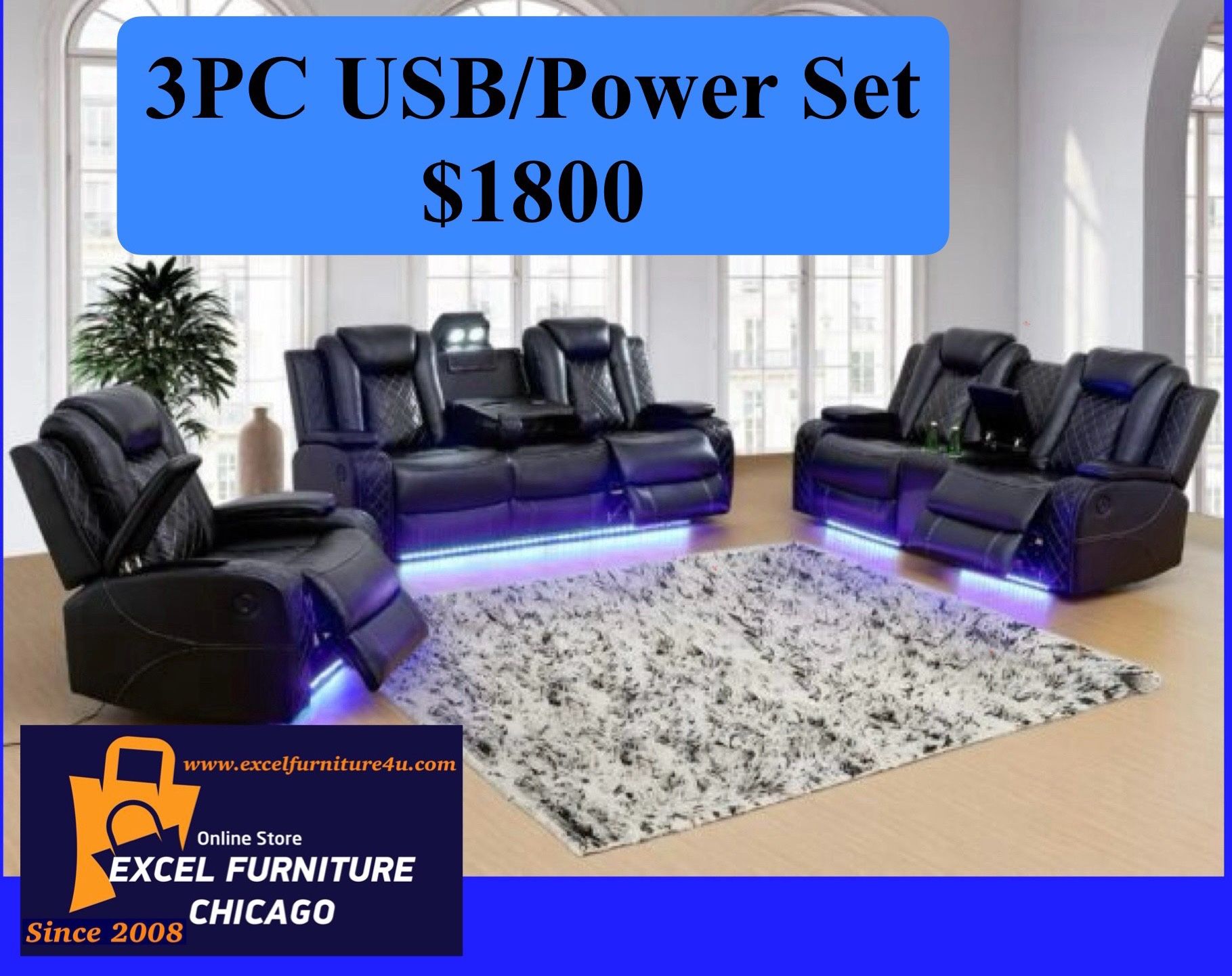 💥FREE DELIVERY💥Brand New POWER, LED, USB  3PC Reclining Sofa Loveseat Chair Set