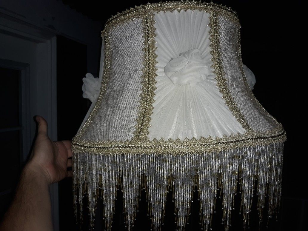 Large White Beaded Victorian Shade Whites Gold Accents Antique Lamp Shade