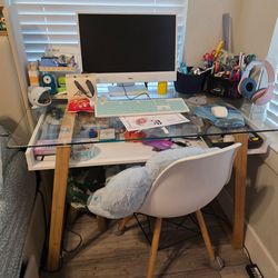 White Desk, glass top with Chair