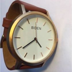 Sleek Mens Watch Biden BD013 44mm S/Steel  Quartz w/ Leather Strap-New Battery
