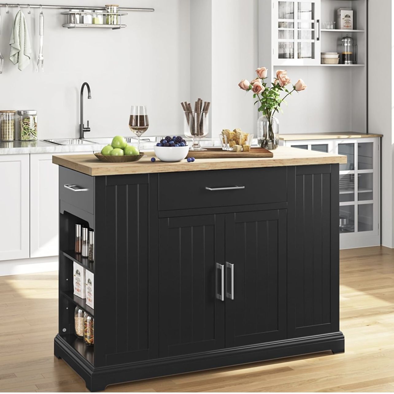 Kitchen Island on Hidden Wheels, Rolling Kitchen Cart with Thicker Rubberwood Top & 3 Drawers & Open Shelves, Storage Cabinet with Adjustable Shelves