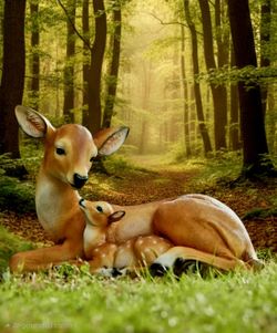 Vintage Cuddling Mother and Baby Deer Garden Statue, featuring a polyresin 14"