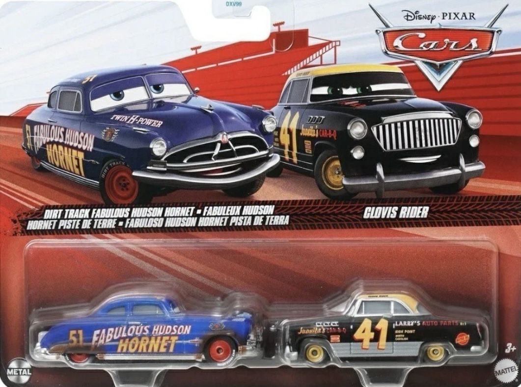 2024 DISNEY PIXAR CARS 2 pack DIRT TRACK FABULOUS HUDSON HORNET & CLOVIS RIDER