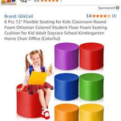 Glikceil 6piece 12” Round Ottoman Colored Seating For Kids