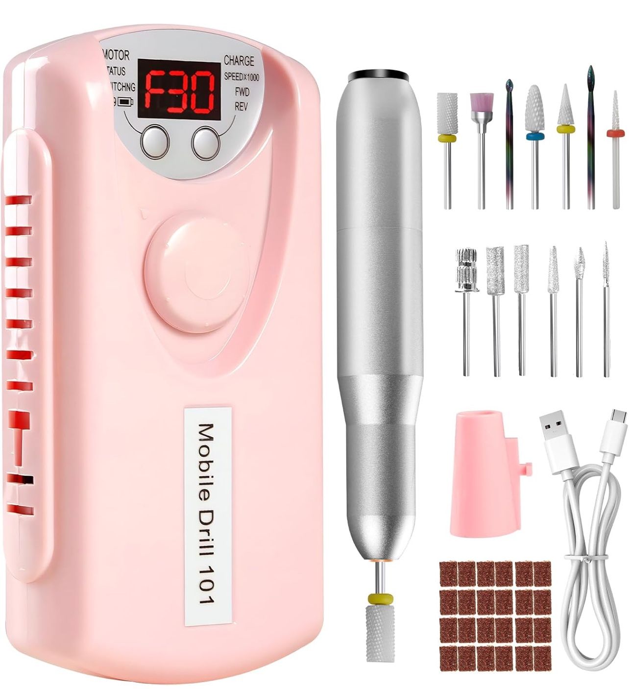 Portable Nail Drill Professional 30000 RPM, 13 Salon Quality Drill bits 50 Sanding Bands Portable & Low Noise for Acrylic Nails Gel Polishing Removing