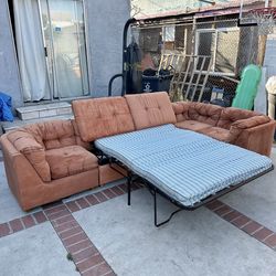 4-Piece Orange Suede Sectional Sofa with Pull-Out bed