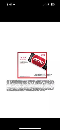 AMC Movie Theaters, 2 Black E-Tickets, 2 Regular Drinks, 2 Regular Popcorn