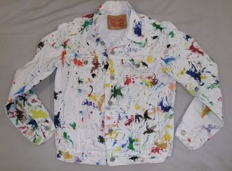 White Levi’s Jean Denim Trucker Jacket Men”s Small Unisex Custom Paint Vibrant
