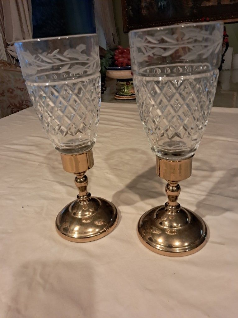 Vintage Elegant Candle Holders, American Brass Made,copper. craft, Designed Glass With Brass base. Woodland Hills Ca.