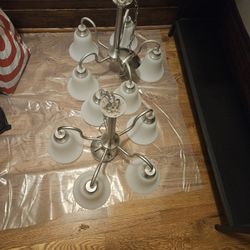  V2355-33 Minster 5-light 1-tier chandelier with a brushed nickel finish and alabaster glass bell shades.