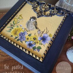 Refinished Small Floral Jewelry Box With Bird