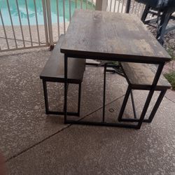 Wood And Metal 3pc Set, 2 Benches And 1 Table