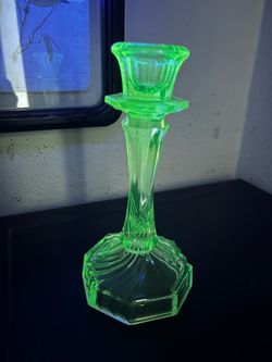 Fenton iridescent uranium glass candlestick 7” tall Hexagonal base